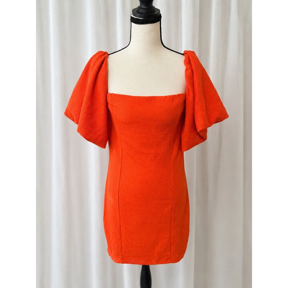 Free People Beach Textured Puff Sleeve Mini Dress Orange Size L
